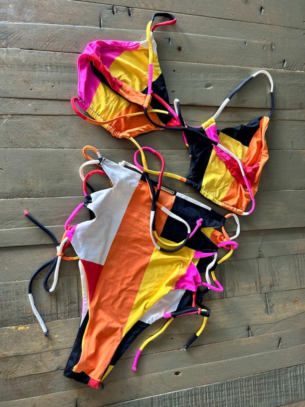 San Lorenzo Colorblock Tie-Side Bikini in Pink, Yellow, Orange, Black